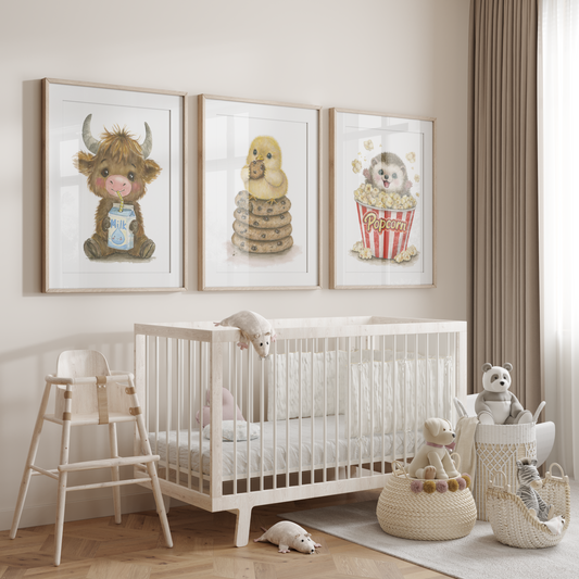 Cookie, Corn & Cow • 3 Curated Hand‑Painted Watercolor Art Prints