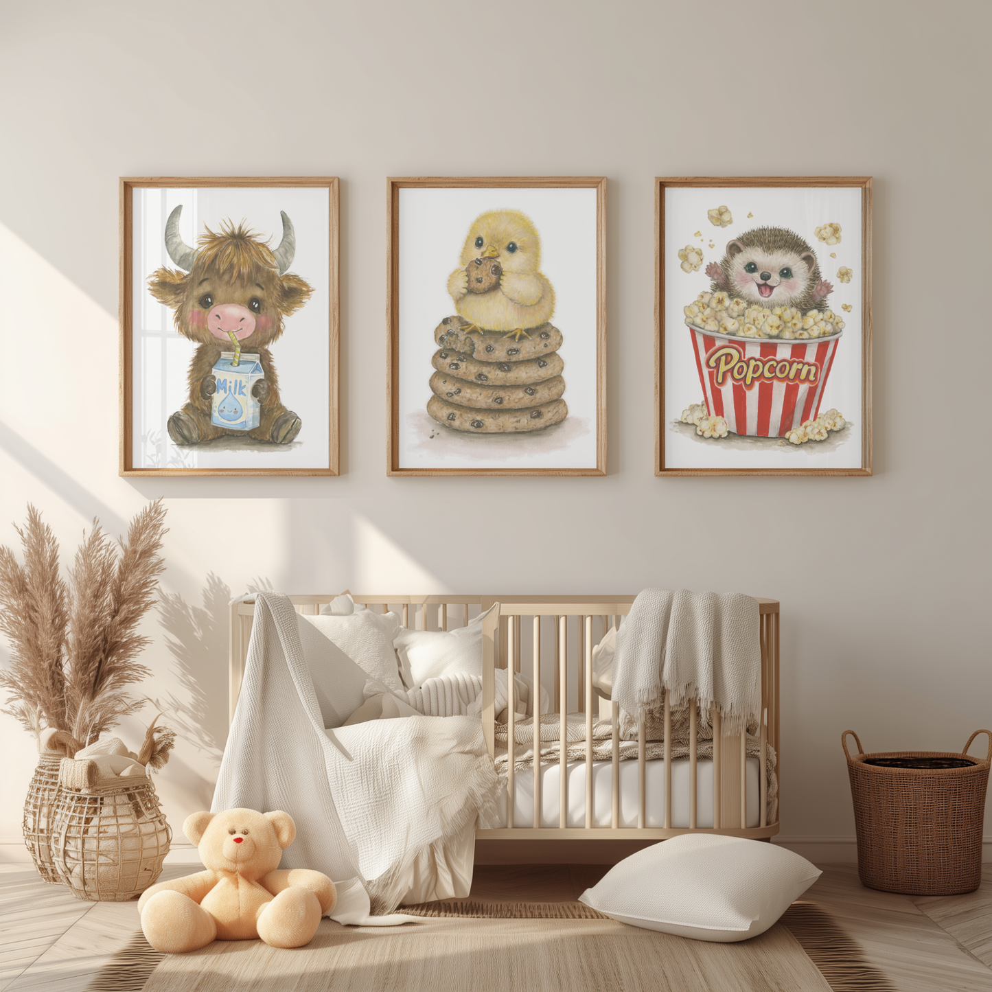 Cookie, Corn & Cow • 3 Curated Hand‑Painted Watercolor Art Prints