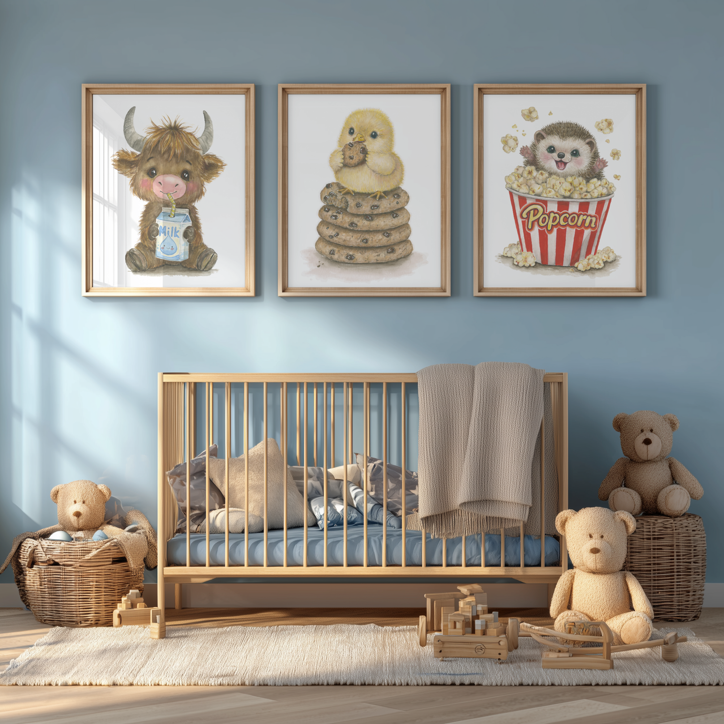 Cookie, Corn & Cow • 3 Curated Hand‑Painted Watercolor Art Prints