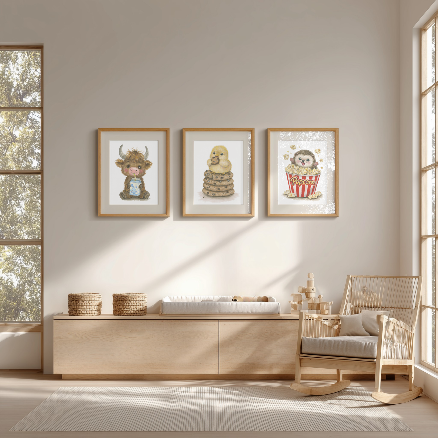 Cookie, Corn & Cow • 3 Curated Hand‑Painted Watercolor Art Prints