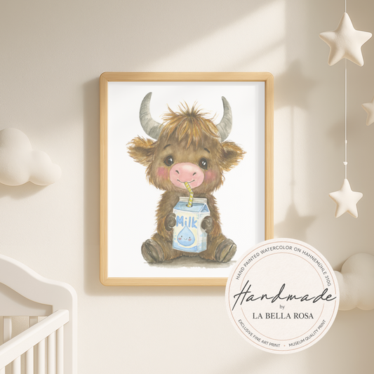 Benny the Fluffy Highland Cow • Hand‑Painted Watercolor Art Print