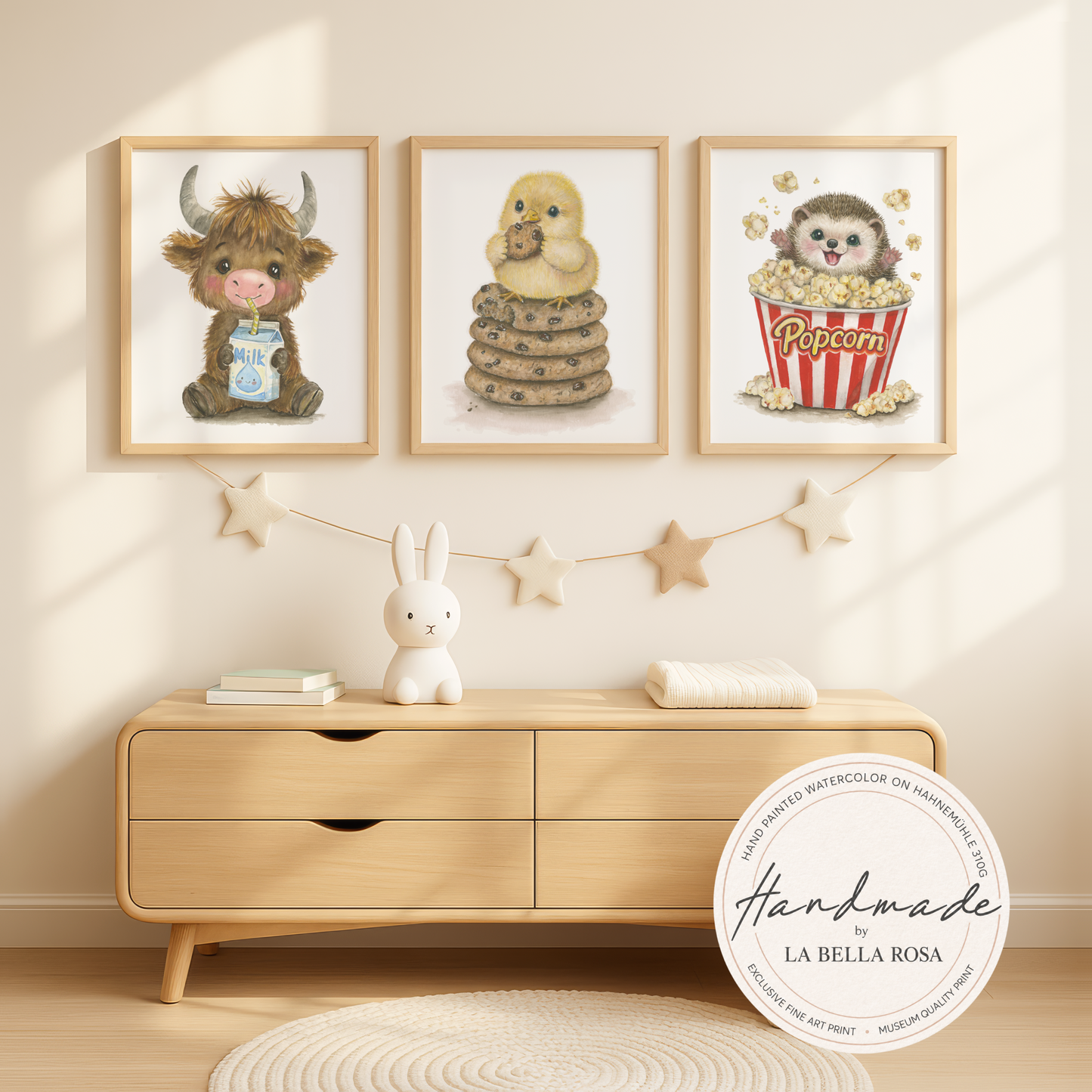 Cookie, Corn & Cow • 3 Curated Hand‑Painted Watercolor Art Prints